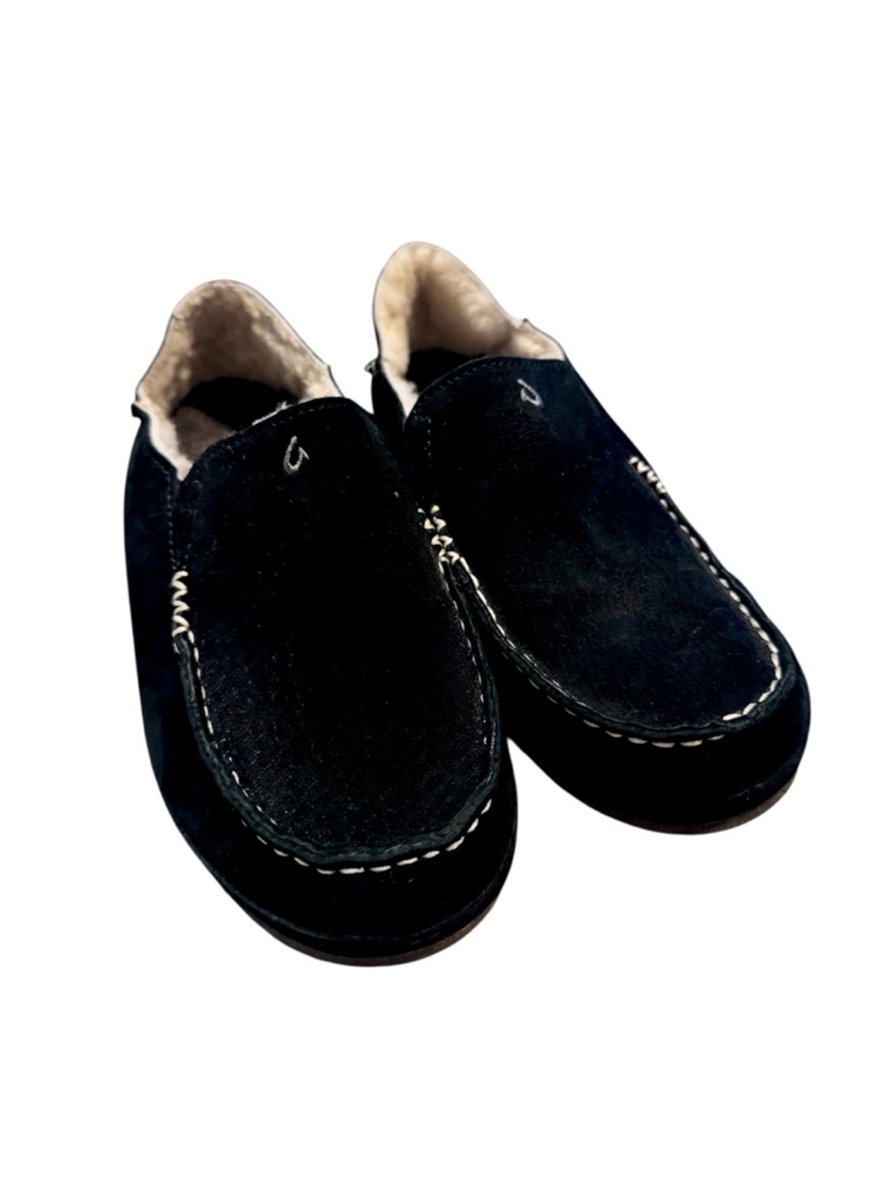 OluKai Black Suede Shearling Lined Slip On Loafers Slippers Size 6